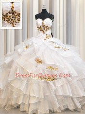 Ideal Sleeveless Floor Length Beading and Ruffled Layers Lace Up Ball Gown Prom Dress with White