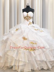 Ideal Sleeveless Floor Length Beading and Ruffled Layers Lace Up Ball Gown Prom Dress with White