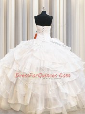 Ideal Sleeveless Floor Length Beading and Ruffled Layers Lace Up Ball Gown Prom Dress with White