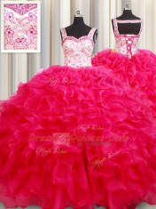 Hot Selling Hot Pink Ball Gowns Organza Straps Sleeveless Embroidery and Ruffles Floor Length Lace Up Quinceanera Dresses