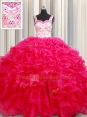 Hot Selling Hot Pink Ball Gowns Organza Straps Sleeveless Embroidery and Ruffles Floor Length Lace Up Quinceanera Dresses