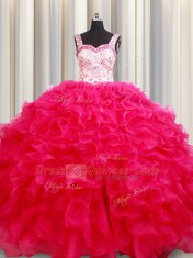 Hot Selling Hot Pink Ball Gowns Organza Straps Sleeveless Embroidery and Ruffles Floor Length Lace Up Quinceanera Dresses
