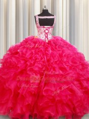 Hot Selling Hot Pink Ball Gowns Organza Straps Sleeveless Embroidery and Ruffles Floor Length Lace Up Quinceanera Dresses