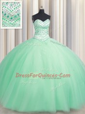 Amazing Sleeveless Tulle Floor Length Lace Up Quinceanera Gowns in Apple Green with Beading