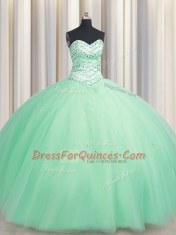 Amazing Sleeveless Tulle Floor Length Lace Up Quinceanera Gowns in Apple Green with Beading