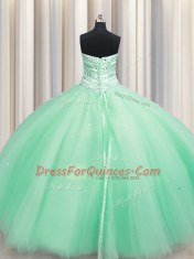 Amazing Sleeveless Tulle Floor Length Lace Up Quinceanera Gowns in Apple Green with Beading