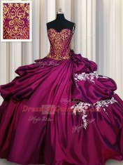 Floor Length Fuchsia Quinceanera Dresses Taffeta Sleeveless Beading and Appliques and Pick Ups