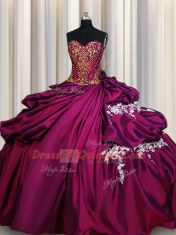 Floor Length Fuchsia Quinceanera Dresses Taffeta Sleeveless Beading and Appliques and Pick Ups