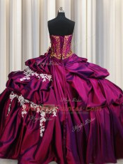 Floor Length Fuchsia Quinceanera Dresses Taffeta Sleeveless Beading and Appliques and Pick Ups