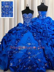 Floor Length Lace Up Sweet 16 Quinceanera Dress Royal Blue for Military Ball and Sweet 16 and Quinceanera with Beading and Embroidery and Sequins and Pick Ups