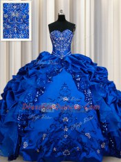 Floor Length Lace Up Sweet 16 Quinceanera Dress Royal Blue for Military Ball and Sweet 16 and Quinceanera with Beading and Embroidery and Sequins and Pick Ups