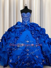 Floor Length Lace Up Sweet 16 Quinceanera Dress Royal Blue for Military Ball and Sweet 16 and Quinceanera with Beading and Embroidery and Sequins and Pick Ups