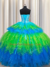 Multi-color Lace Up Sweetheart Beading and Ruffled Layers Quinceanera Gowns Tulle Sleeveless