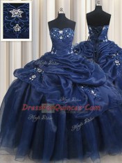 Edgy Sleeveless Floor Length Appliques and Pick Ups Lace Up Sweet 16 Dresses with Navy Blue