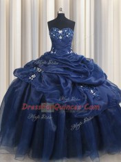 Edgy Sleeveless Floor Length Appliques and Pick Ups Lace Up Sweet 16 Dresses with Navy Blue