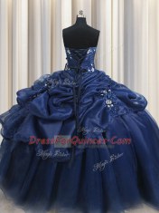 Edgy Sleeveless Floor Length Appliques and Pick Ups Lace Up Sweet 16 Dresses with Navy Blue