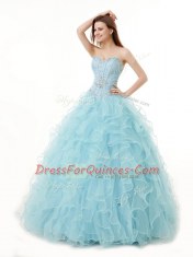 Light Blue Organza Lace Up 15th Birthday Dress Sleeveless Floor Length Beading and Ruffles