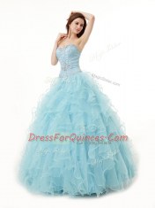 Light Blue Organza Lace Up 15th Birthday Dress Sleeveless Floor Length Beading and Ruffles