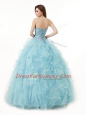 Light Blue Organza Lace Up 15th Birthday Dress Sleeveless Floor Length Beading and Ruffles