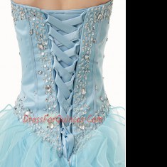 Light Blue Organza Lace Up 15th Birthday Dress Sleeveless Floor Length Beading and Ruffles