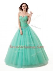 Best Turquoise Sleeveless Floor Length Beading and Ruching Lace Up Sweet 16 Quinceanera Dress