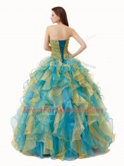 Elegant Multi-color Organza Lace Up Sweetheart Sleeveless Floor Length Vestidos de Quinceanera Beading and Ruffles and Ruching