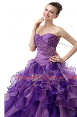 Purple Sweetheart Lace Up Beading and Ruffles and Ruching 15th Birthday Dress Sleeveless