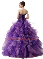 Purple Sweetheart Lace Up Beading and Ruffles and Ruching 15th Birthday Dress Sleeveless