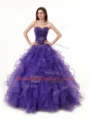 Luxurious Floor Length Lace Up Sweet 16 Dress Purple for Military Ball and Sweet 16 and Quinceanera with Beading and Ruffles