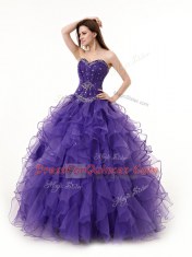 Luxurious Floor Length Lace Up Sweet 16 Dress Purple for Military Ball and Sweet 16 and Quinceanera with Beading and Ruffles
