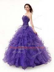 Luxurious Floor Length Lace Up Sweet 16 Dress Purple for Military Ball and Sweet 16 and Quinceanera with Beading and Ruffles