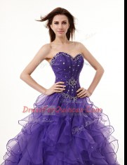 Luxurious Floor Length Lace Up Sweet 16 Dress Purple for Military Ball and Sweet 16 and Quinceanera with Beading and Ruffles