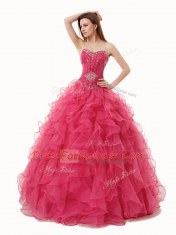 Latest Coral Red Ball Gown Prom Dress Military Ball and Sweet 16 and Quinceanera and For with Beading and Ruffles Sweetheart Sleeveless Lace Up