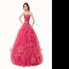 Latest Coral Red Ball Gown Prom Dress Military Ball and Sweet 16 and Quinceanera and For with Beading and Ruffles Sweetheart Sleeveless Lace Up