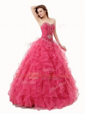 Latest Coral Red Ball Gown Prom Dress Military Ball and Sweet 16 and Quinceanera and For with Beading and Ruffles Sweetheart Sleeveless Lace Up