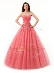 Super Watermelon Red A-line Beading and Ruching 15th Birthday Dress Lace Up Tulle Sleeveless Floor Length