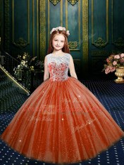 Dramatic Scoop Orange Red Ball Gowns Appliques Little Girl Pageant Dress Clasp Handle Tulle Sleeveless Floor Length