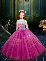 Scoop Eggplant Purple Tulle Clasp Handle Little Girl Pageant Dress Sleeveless Floor Length Beading and Appliques