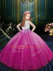 Scoop Eggplant Purple Tulle Clasp Handle Little Girl Pageant Dress Sleeveless Floor Length Beading and Appliques