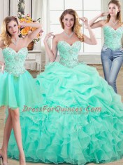Excellent Three Piece Sleeveless Floor Length Beading and Ruffles and Pick Ups Lace Up 15th Birthday Dress with Apple Green