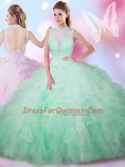 Inexpensive Apple Green Lace Up High-neck Beading and Ruffles Sweet 16 Dresses Tulle Sleeveless