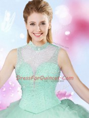 Inexpensive Apple Green Lace Up High-neck Beading and Ruffles Sweet 16 Dresses Tulle Sleeveless