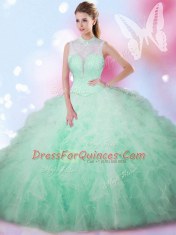Inexpensive Apple Green Lace Up High-neck Beading and Ruffles Sweet 16 Dresses Tulle Sleeveless