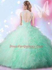 Inexpensive Apple Green Lace Up High-neck Beading and Ruffles Sweet 16 Dresses Tulle Sleeveless