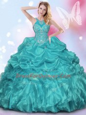 Fantastic Halter Top Teal Ball Gowns Appliques and Ruffles and Pick Ups Sweet 16 Dress Lace Up Organza and Taffeta Sleeveless Floor Length
