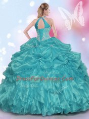 Fantastic Halter Top Teal Ball Gowns Appliques and Ruffles and Pick Ups Sweet 16 Dress Lace Up Organza and Taffeta Sleeveless Floor Length