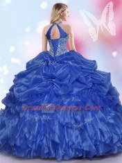 Glorious Halter Top Royal Blue Sleeveless Appliques and Ruffles and Pick Ups Floor Length 15 Quinceanera Dress