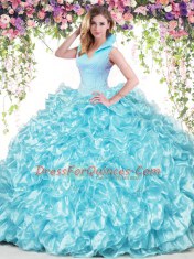 Pretty Backless High-neck Sleeveless Quinceanera Gowns Floor Length Beading and Ruffles Aqua Blue Organza