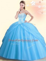 Sumptuous Sweetheart Sleeveless Quinceanera Dress Floor Length Beading Aqua Blue Tulle