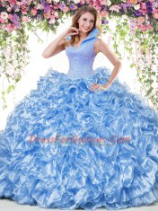 Backless Floor Length Blue Quinceanera Gowns Organza Sleeveless Beading and Ruffles